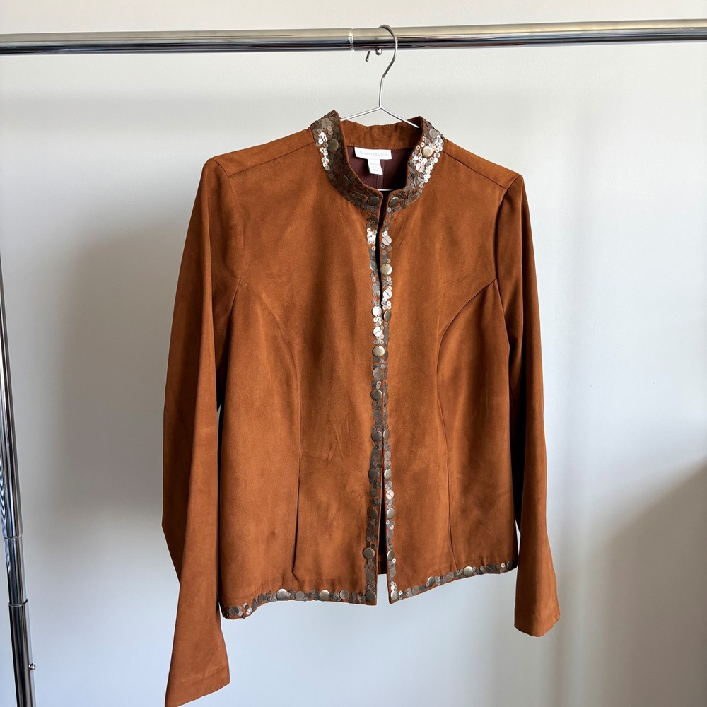 Vintage Charter Club Faux Suede Jacket M Sequin Collar Boho Revival Funky Chic